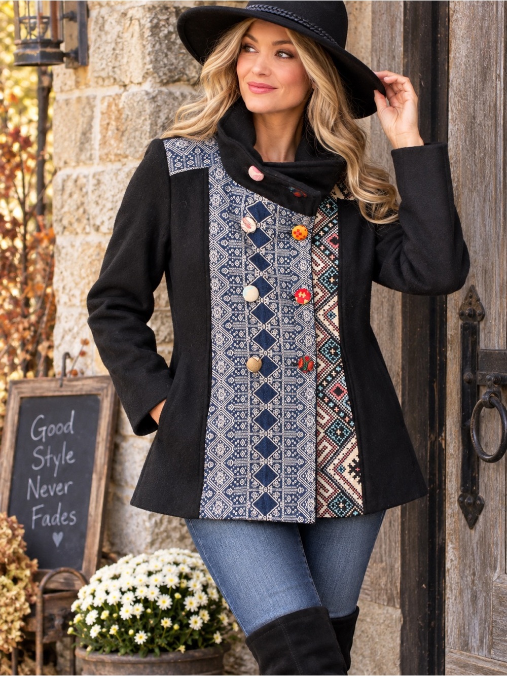 Coco + Carmen Boho Tapestry Patchwork wool coat